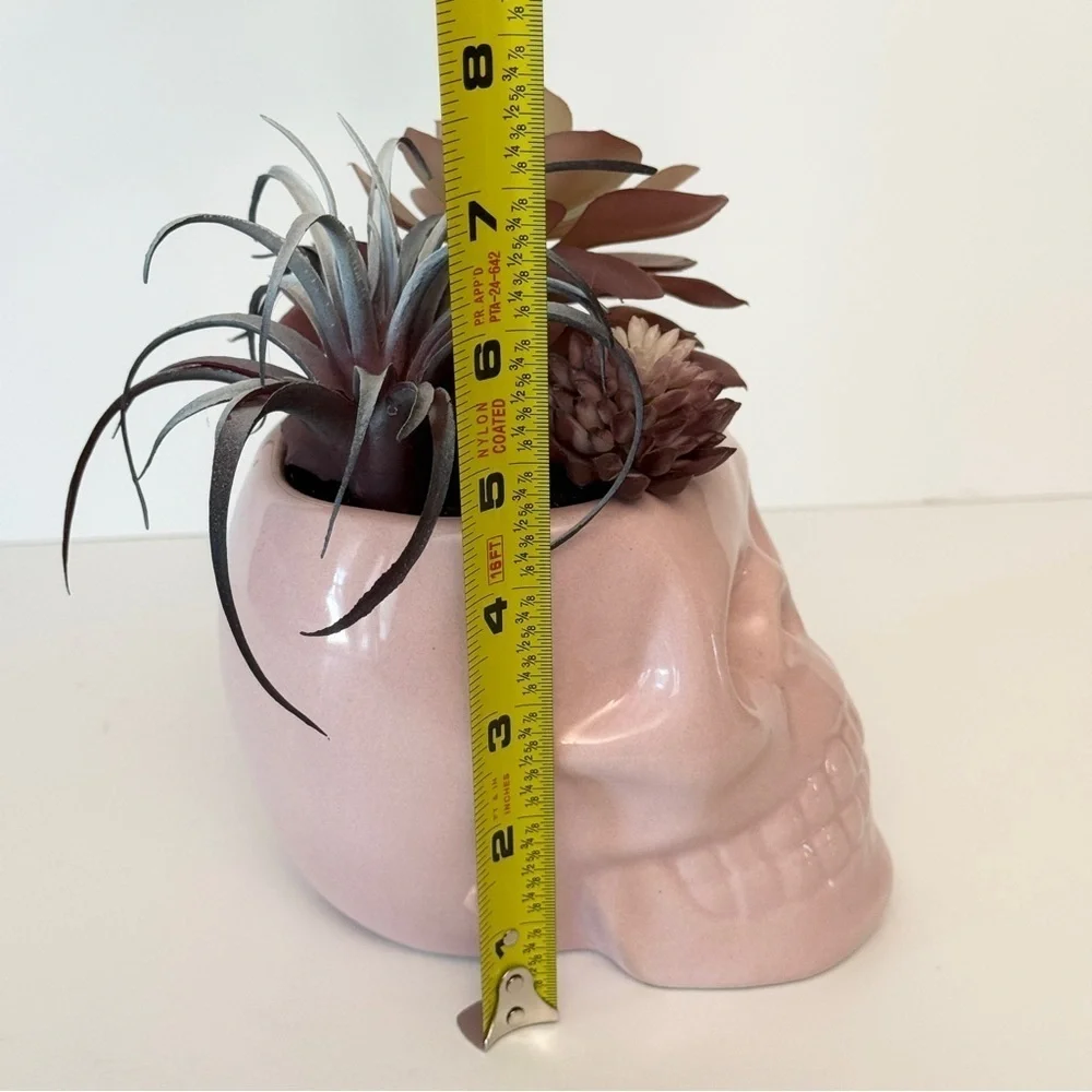 Pink Skull Planter with Faux Succulents